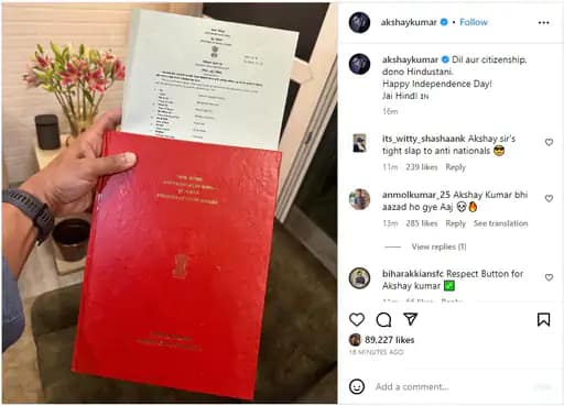 अक्षय कुमार को मिला भारतीय पासपोर्ट,ट्वीट कर कहा - अब दिल और सिटिजनशिप दोनों हिंदुस्तानी.. 42 अक्षय कुमार को मिला भारतीय पासपोर्ट,ट्वीट कर कहा - अब दिल और सिटिजनशिप दोनों हिंदुस्तानी.. March 5, 2026